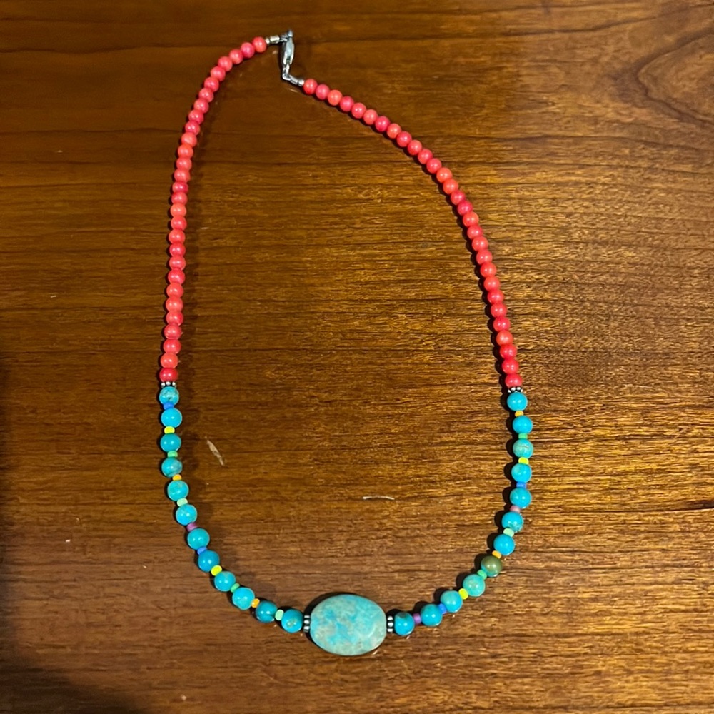 16 inch agate beads in red and turquoise necklace